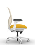 Side view of the 9to5 Tori Midback ergonomic task chair in white frame, yellow fabric, and white mesh. Kansas City Office Design.