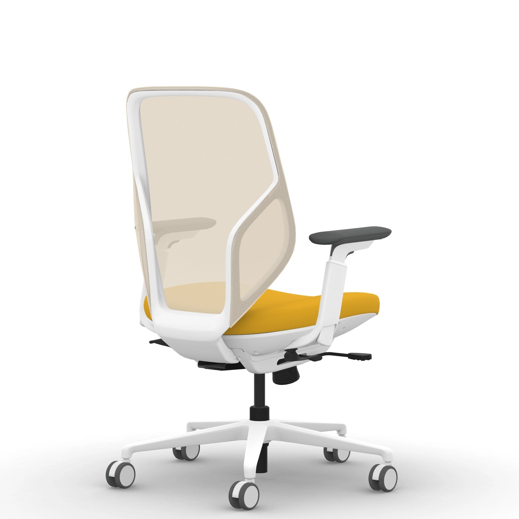 Back view of the 9to5 Tori Midback ergonomic task chair in white frame, yellow fabric, and white mesh. Kansas City Office Design.