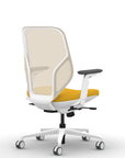 Back view of the 9to5 Tori Midback ergonomic task chair in white frame, yellow fabric, and white mesh. Kansas City Office Design.