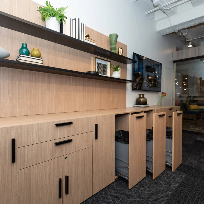 Modern office interior with wooden cabinets, shelves, and decor. Kansas City Office Design.
