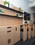 Modern office interior with wooden cabinets, shelves, and decor. Kansas City Office Design.