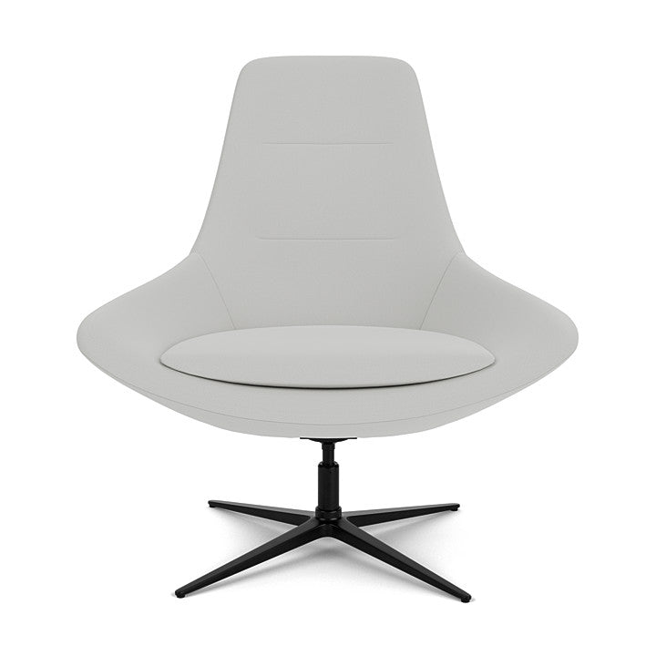 Front View of the Modern Via Astro Lounge chair with a Origin Alloy gray cushioned seat and backrest, black base,  on a white background, Kansas City Office Design.