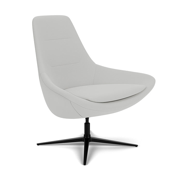 Side View of the Modern Via Astro Lounge chair with a Origin Alloy gray cushioned seat and backrest, black base, on a white background, Kansas City Office Design.