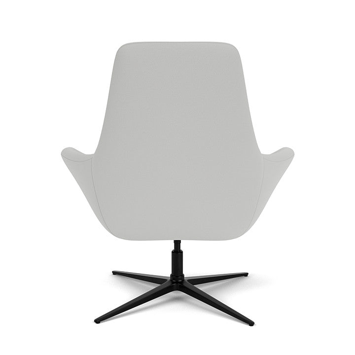 Back View of the Modern Via Astro Lounge chair with a Origin Alloy gray cushioned seat and backrest, black base,  on a white background, Kansas City Office Design.