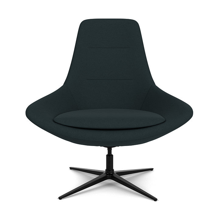 Front View of the Modern Via Astro Lounge chair with a Origin Jet Black cushioned seat and backrest, black base, on a white background, Kansas City Office Design.