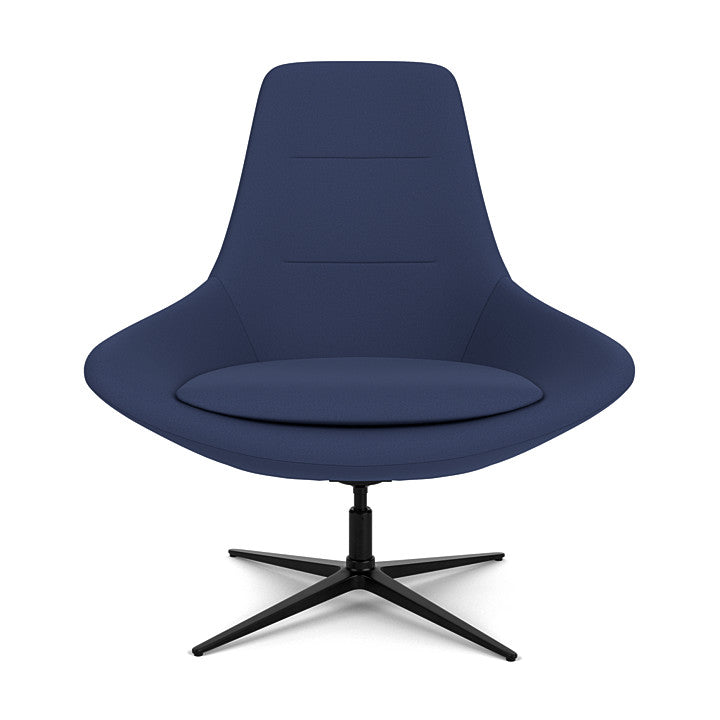 Front View of the Modern Via Astro Lounge chair with a Origin Sapphire Blue cushioned seat and backrest, black base, on a white background, Kansas City Office Design.