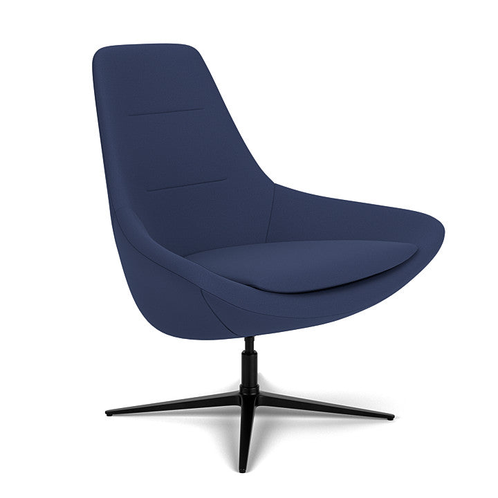 Side View of the Modern Via Astro Lounge chair with a Origin Sapphire Blue cushioned seat and backrest, black base, on a white background, Kansas City Office Design.
