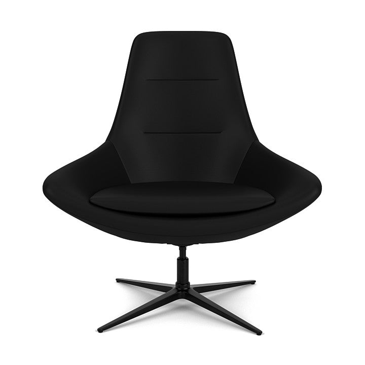 Front View of the Modern Via Astro Lounge chair with a Whisper Black cushioned seat and backrest, black base, on a white background, Kansas City Office Design.