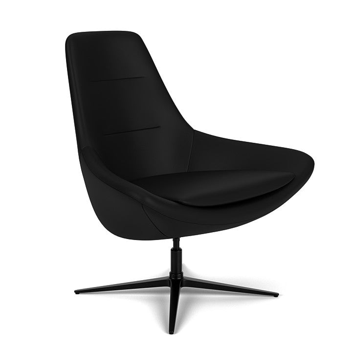Side View of the Modern Via Astro Lounge chair with a Whisper Black cushioned seat and backrest, black base, on a white background, Kansas City Office Design.