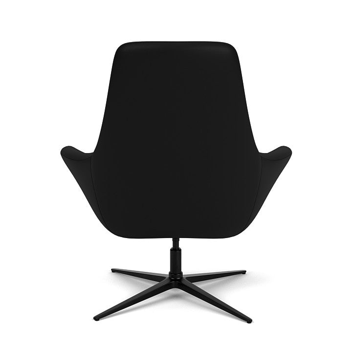 Back View of the Modern Via Astro Lounge chair with a Whisper Black cushioned seat and backrest, black base, on a white background, Kansas City Office Design.