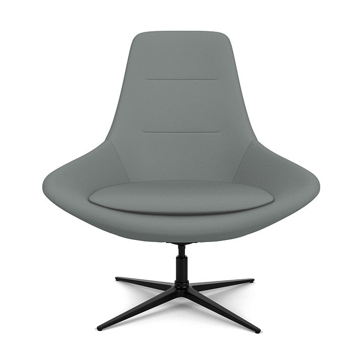 Front View of the Modern Via Astro Lounge chair with a Whisper Pewter cushioned seat and backrest, black base, on a white background, Kansas City Office Design.