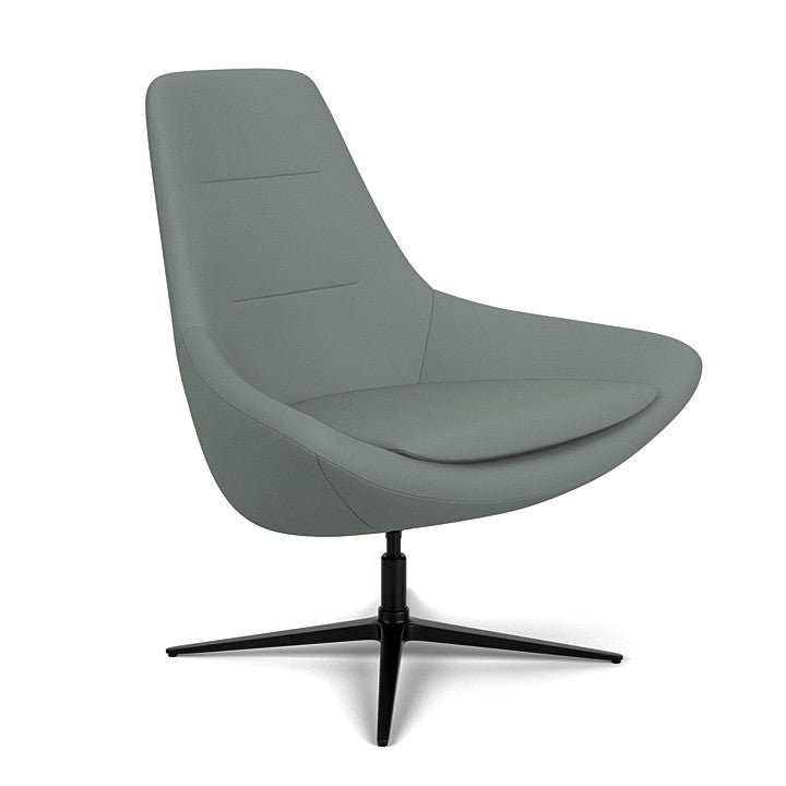 Side View of the Modern Via Astro Lounge chair with a Whisper Pewter cushioned seat and backrest, black base, on a white background, Kansas City Office Design.