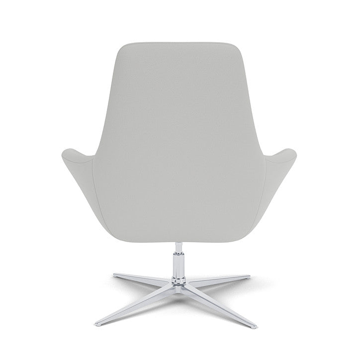 Back View of the Modern Via Astro Lounge chair with a Origin Alloy Gray cushioned seat and backrest, Silver base, on a white background, Kansas City Office Design.