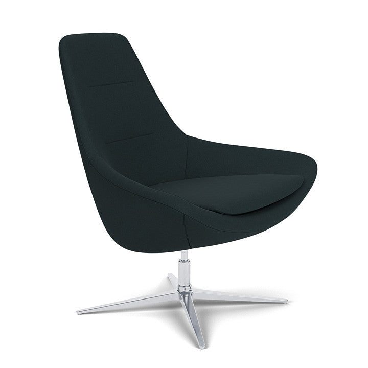 Side View of the Modern Via Astro Lounge chair with a Origin Jet Black cushioned seat and backrest, Silver base, on a white background, Kansas City Office Design.