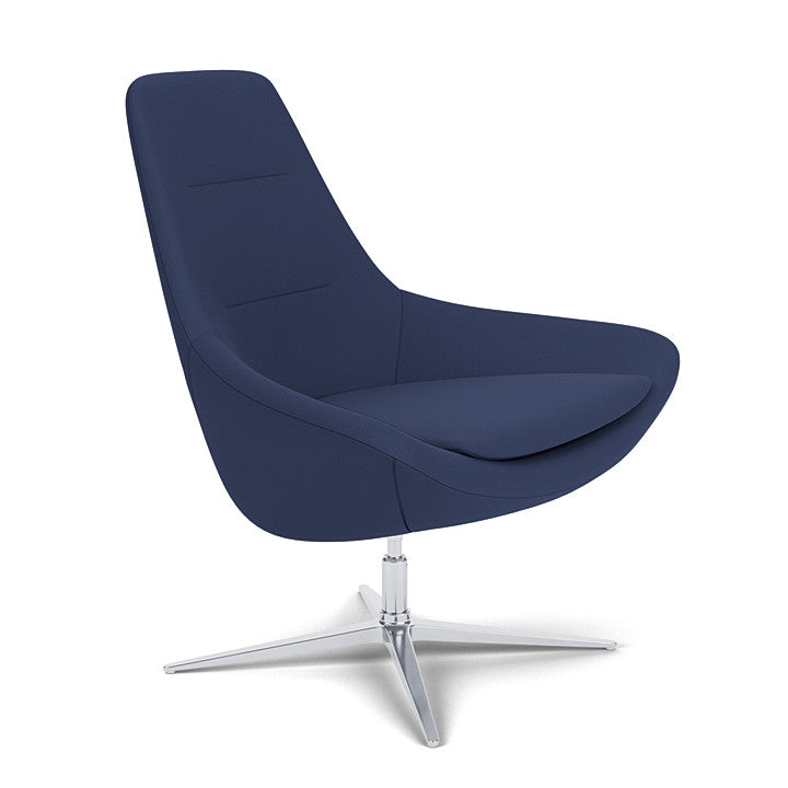 Side View of the Modern Via Astro Lounge chair with a Origin Sapphire Blue cushioned seat and backrest, Silver base, on a white background, Kansas City Office Design.