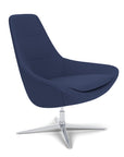 Side View of the Modern Via Astro Lounge chair with a Origin Sapphire Blue cushioned seat and backrest, Silver base, on a white background, Kansas City Office Design.