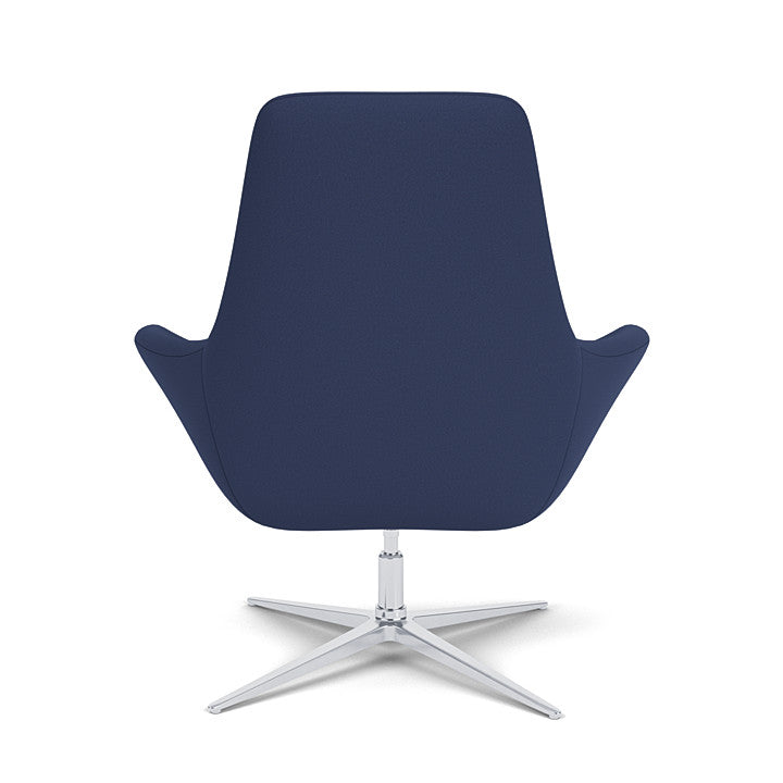 Back View of the Modern Via Astro Lounge chair with a Origin Sapphire Blue cushioned seat and backrest, Silver base, on a white background, Kansas City Office Design.