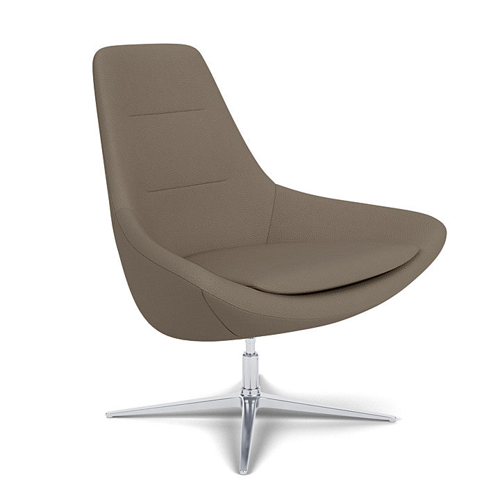 Side View of the Modern Via Astro Lounge chair with a Whisper Antelope cushioned seat and backrest, Silver base, on a white background, Kansas City Office Design.