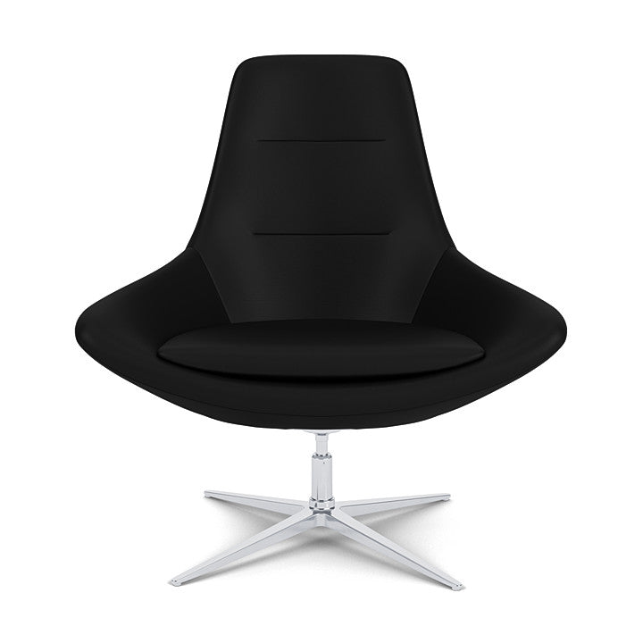 Front View of the Modern Via Astro Lounge chair with a Whisper Black cushioned seat and backrest, Silver base, on a white background, Kansas City Office Design.