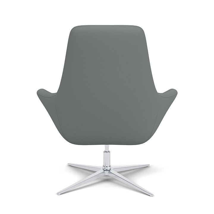 Back View of the Modern Via Astro Lounge chair with a Whisper Pewter cushioned seat and backrest, Silver base, on a white background, Kansas City Office Design.