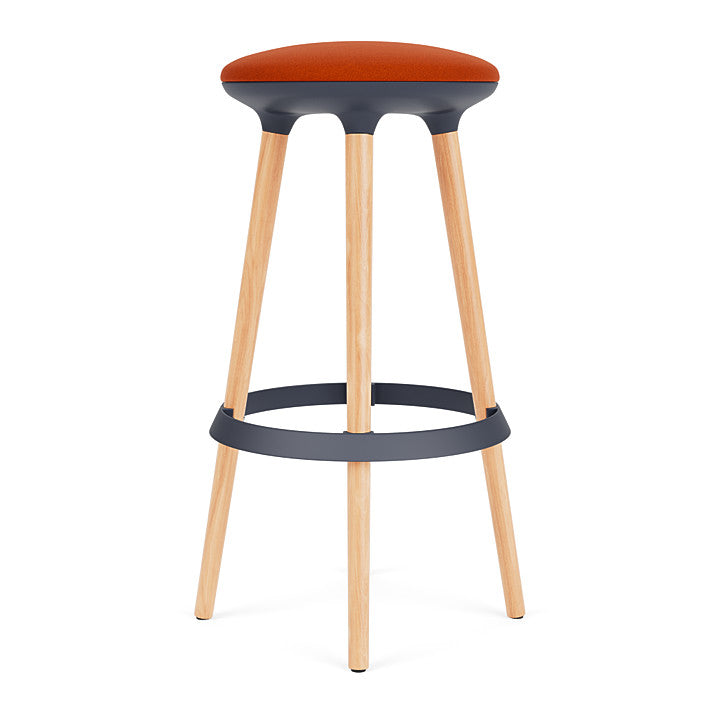 Via Joi Bar stool with orange seat, Black Poly trim, and wood base on a white background. Kansas City Office Design.
