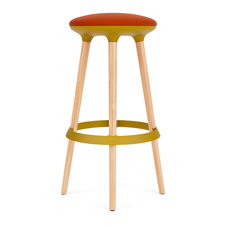 Via Joi Bar stool with orange seat, Gold Poly trim, and wood base on a white background. Kansas City Office Design.