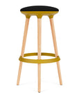 Via Joi Bar stool with black seat, gold Poly trim, and wood base on a white background. Kansas City Office Design.