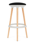 Via Joi Bar stool with black seat, white Poly trim, and wood base on a white background. Kansas City Office Design.