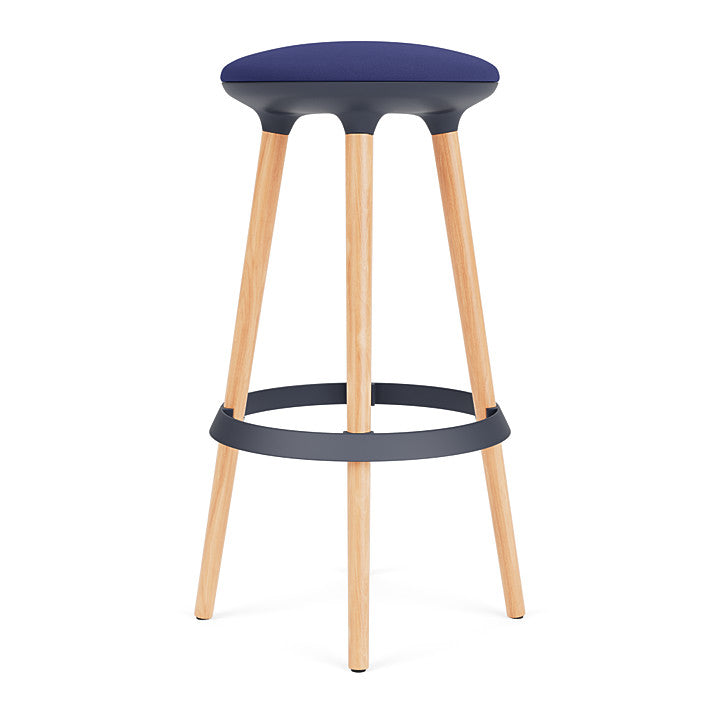 Via Joi Bar stool with black seat, Blue Poly trim, and wood base on a white background. Kansas City Office Design.