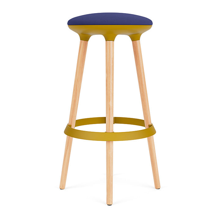 Via Joi Bar stool with blue seat, Gold Poly trim, and wood base on a white background. Kansas City Office Design.