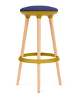 Via Joi Bar stool with blue seat, Gold Poly trim, and wood base on a white background. Kansas City Office Design.