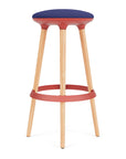 Via Joi Bar stool with blue seat, Red Poly trim, and wood base on a white background. Kansas City Office Design.