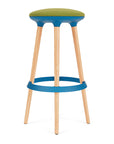 Via Joi Bar stool with green seat, Blue Poly trim, and wood base on a white background. Kansas City Office Design.