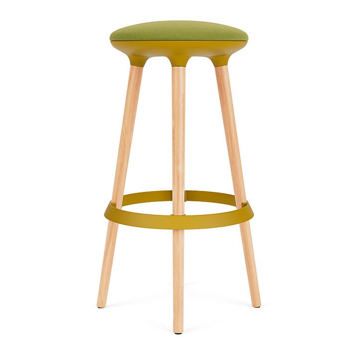 Via Joi Bar stool with green seat, Gold Poly trim, and wood base on a white background. Kansas City Office Design.