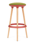 Via Joi Bar stool with green seat, red Poly trim, and wood base on a white background. Kansas City Office Design.