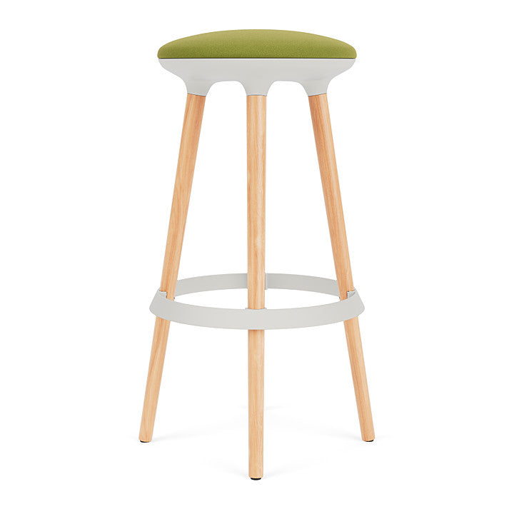 Via Joi Bar stool with green seat, white Poly trim, and wood base on a white background. Kansas City Office Design.