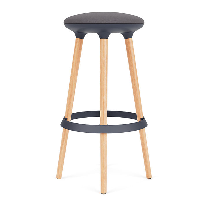 Via Joi Bar stool with Iron seat, Black Poly trim, and wood base on a white background. Kansas City Office Design.