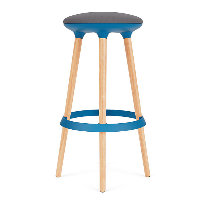 Via Joi Bar stool with Iron seat, Blue Poly trim, and wood base on a white background. Kansas City Office Design.