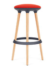 Via Joi Bar stool with Red seat, Black Poly trim, and wood base on a white background. Kansas City Office Design.