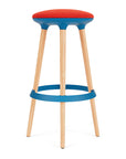 Via Joi Bar stool with Red seat, Blue Poly trim, and wood base on a white background. Kansas City Office Design.