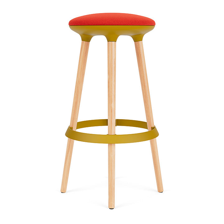 Via Joi Bar stool with Red seat, Gold Poly trim, and wood base on a white background. Kansas City Office Design.