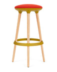 Via Joi Bar stool with Red seat, Gold Poly trim, and wood base on a white background. Kansas City Office Design.