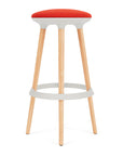 Via Joi Bar stool with Red seat, white Poly trim, and wood base on a white background. Kansas City Office Design.