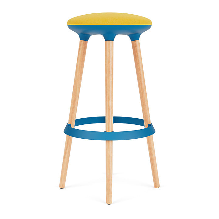 Via Joi Bar stool with Yellow seat, Blue Poly trim, and wood base on a white background. Kansas City Office Design.