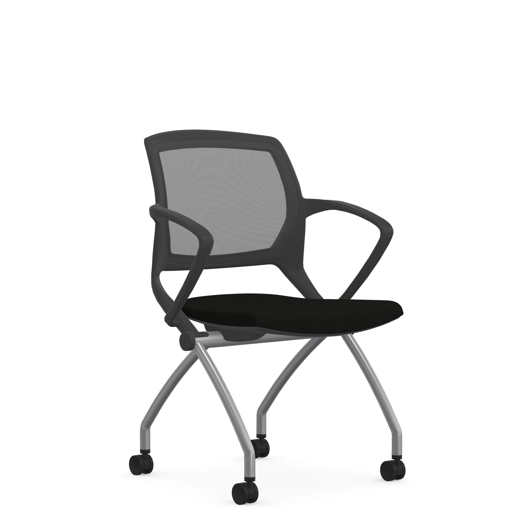 Front view of the 9to5 Zoom nesting chair in graphite frame and black fabric seat. Kansas City Office Design.