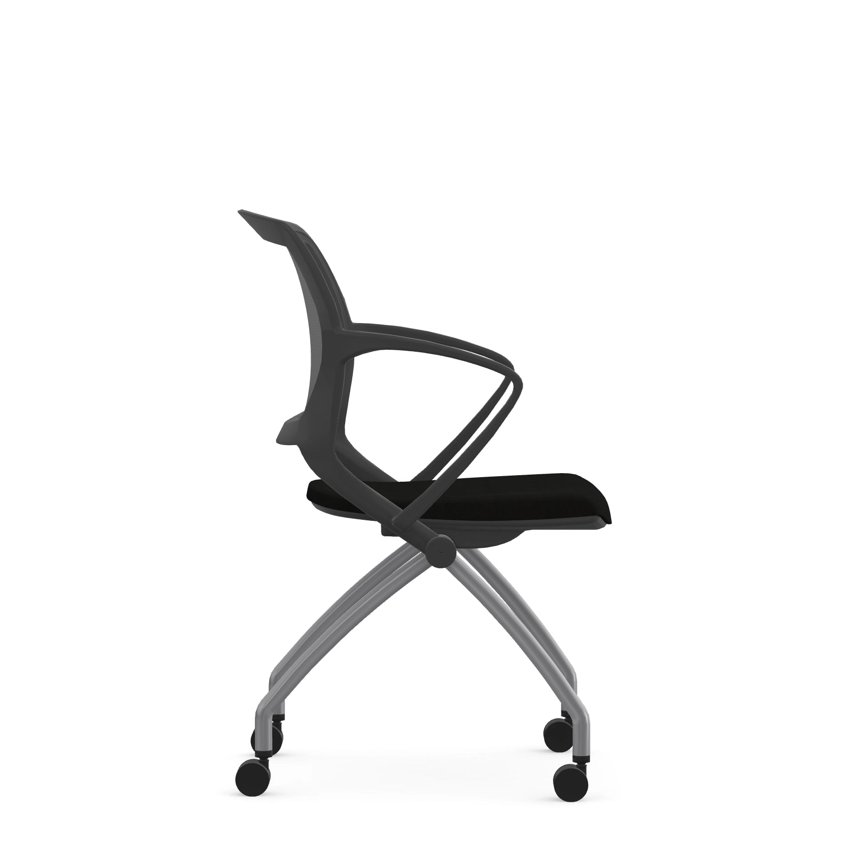 Side view of the 9to5 Zoom nesting chair in graphite frame and black fabric seat. Kansas City Office Design.