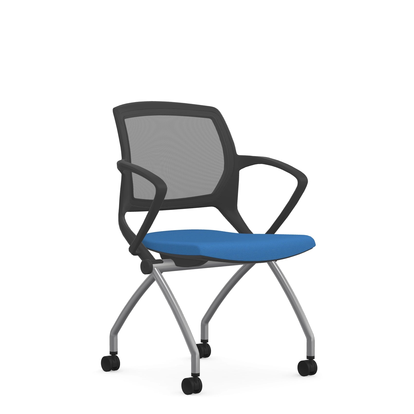 Front view of the 9to5 Zoom nesting chair in graphite frame and blue fabric seat. Kansas City Office Design.