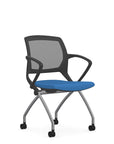 Front view of the 9to5 Zoom nesting chair in graphite frame and blue fabric seat. Kansas City Office Design.