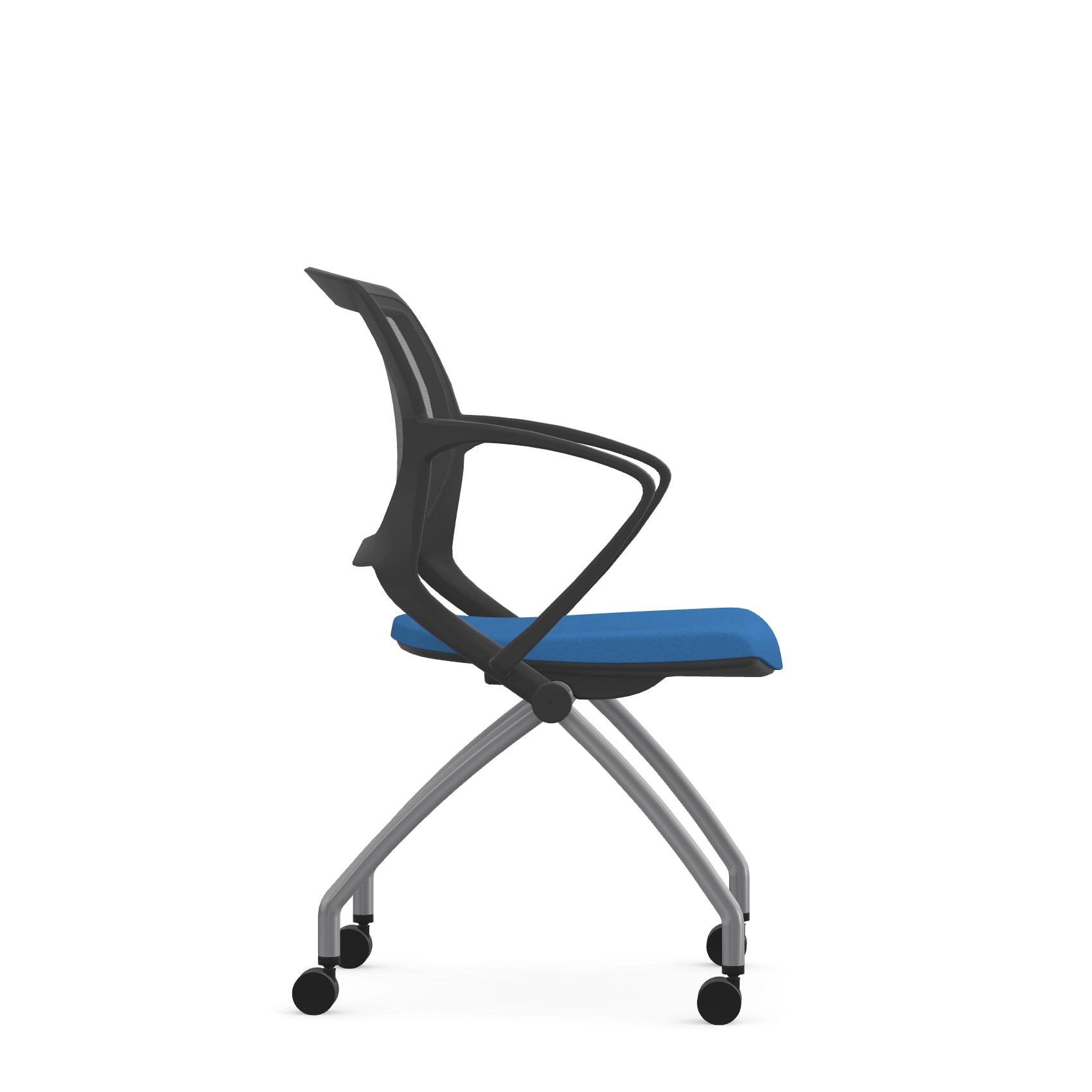 Side view of the 9to5 Zoom nesting chair in graphite frame and blue fabric seat. Kansas City Office Design.