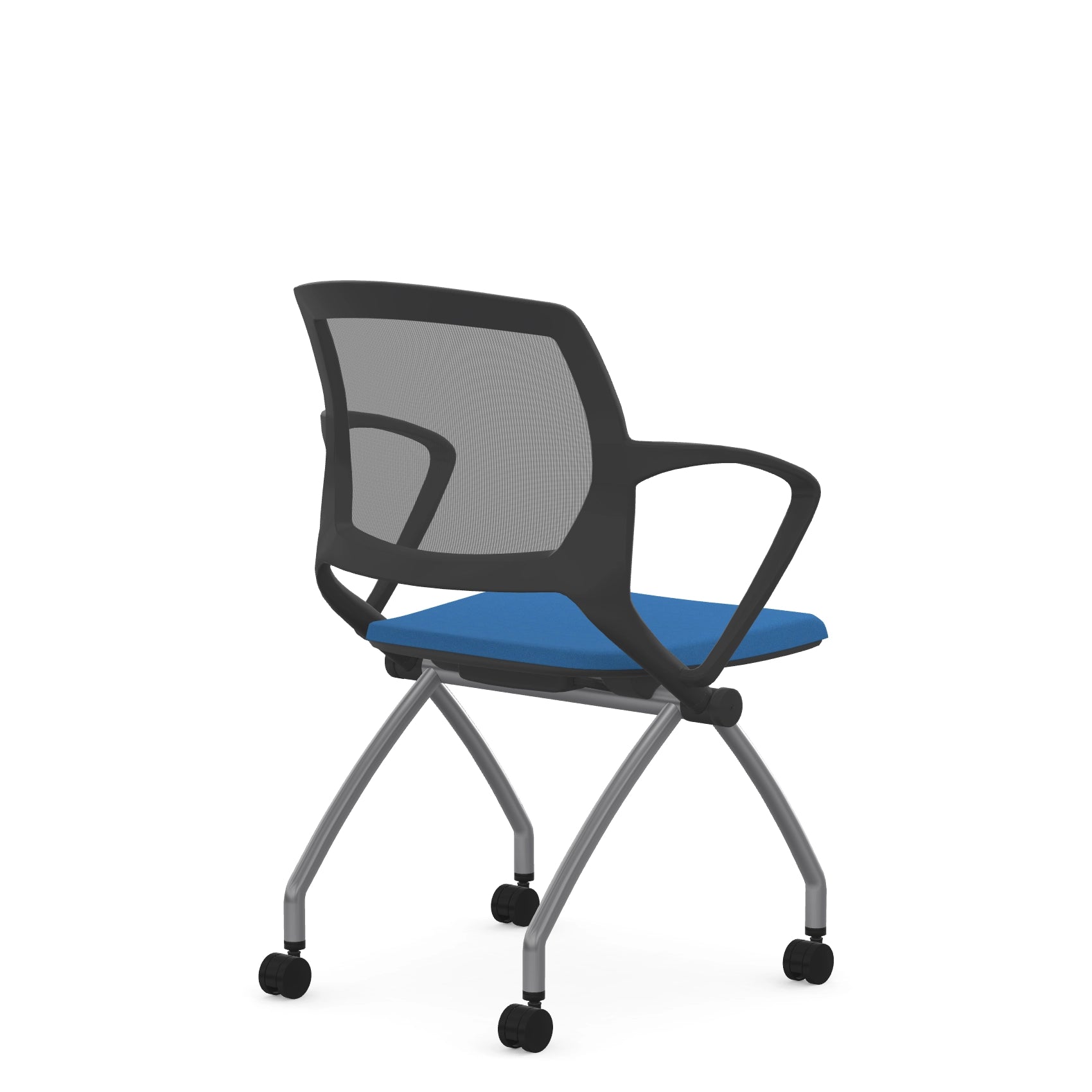 Back view of the 9to5 Zoom nesting chair in graphite frame and blue fabric seat. Kansas City Office Design.